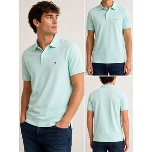 Tommy Hilfiger‎ Polo Shirt Mint Green Solid Pique Regular Fit Preppy XL